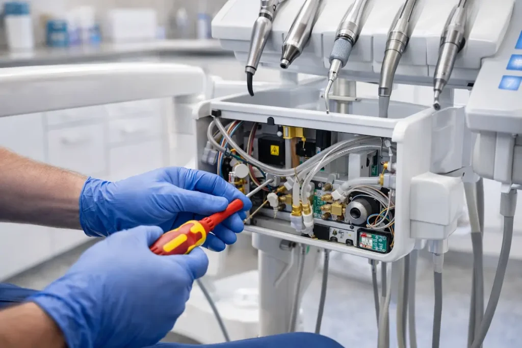Technicien réalisant la maintenance technique d'un équipement de cabinet dentaire